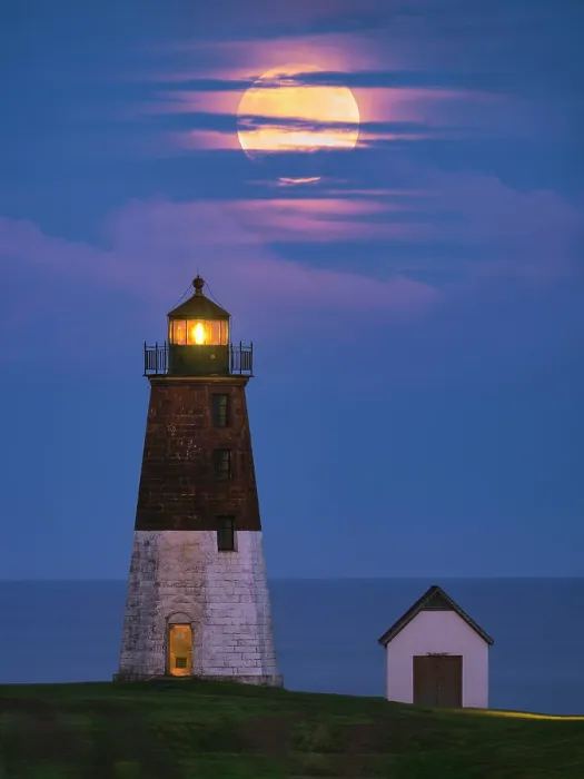 Framed Print : Super blue moon over Point Judith Lighthouse, Narragansett Bay, Point Judith, Rhode Island, USA
