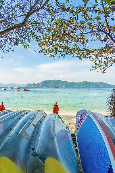 Surf boards on the beach on Raya Island, Thailand