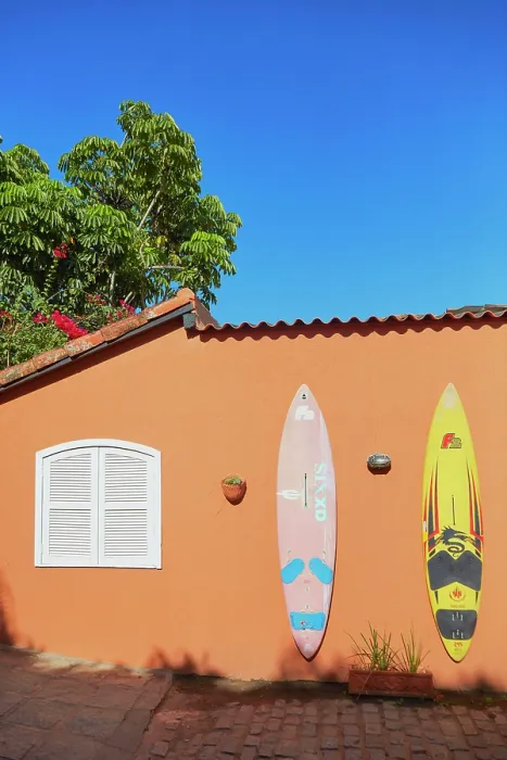 Framed Print : Surf tables on a wall of a house near the Geriba Beach, Buzios, Rio de Janeiro, Brazil