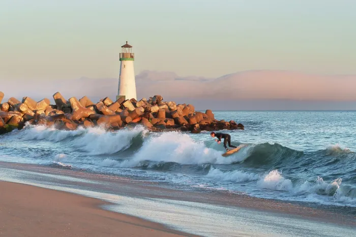 Framed Print : Surfer surfing the Waves at Walton Lighthouse, Santa Cruz, California, USA Framed Print : Surfer surfing the Waves at Walton Lighthouse, Santa Cruz, California, USA