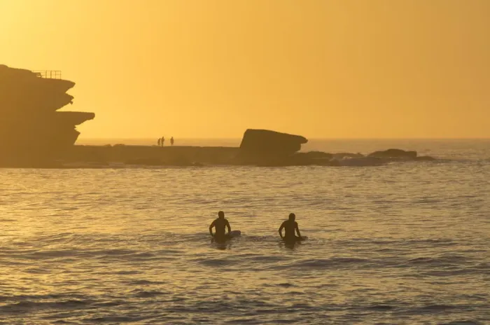 Framed Print : Surfers at Bondi Beach at sunrise, Sydney, New South Wales, Australia