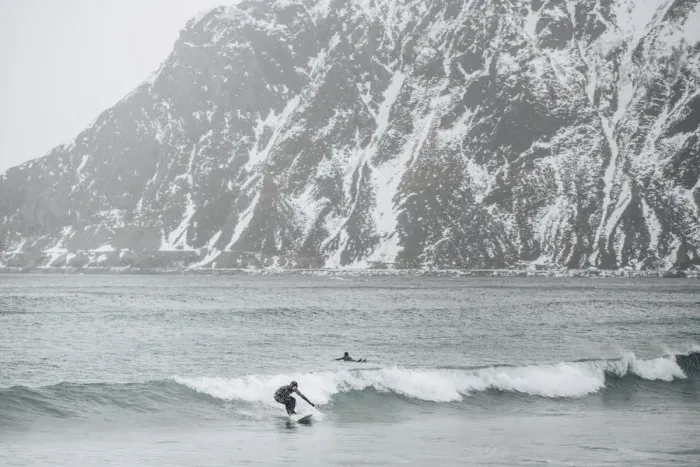 Framed Print : Surfers in Skagsanden Beach, Lofoten Islands, Nordland, Norway