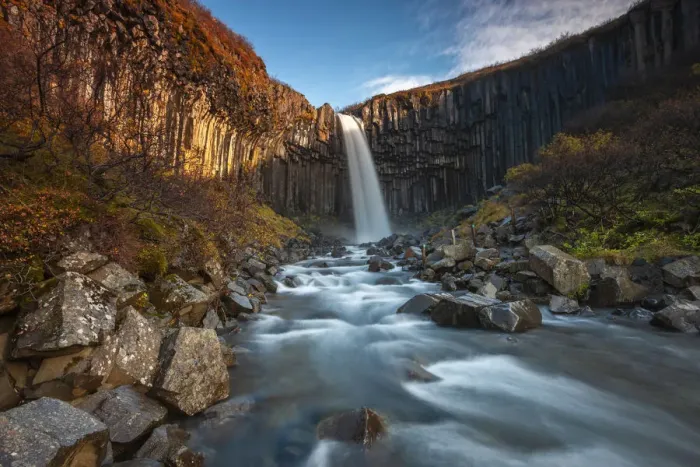 Framed Print : Svartifoss waterfall at sunrise, Skaftafell National Park, Hornafjorður, Austurland, Iceland, Northern Europe