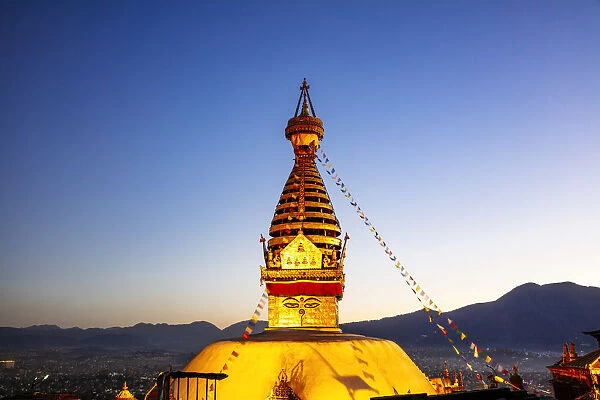 Swayambhunath temple (also known as Monkey temple) at sunset, Kathmandu, Nepal