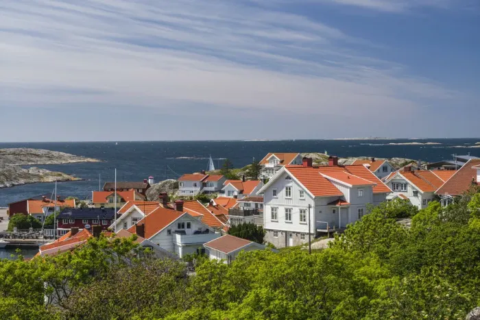 Framed Print : Sweden, Bohuslan, Orust Island, Mollosund, high angle village view Framed Print : Sweden, Bohuslan, Orust Island, Mollosund, high angle village view