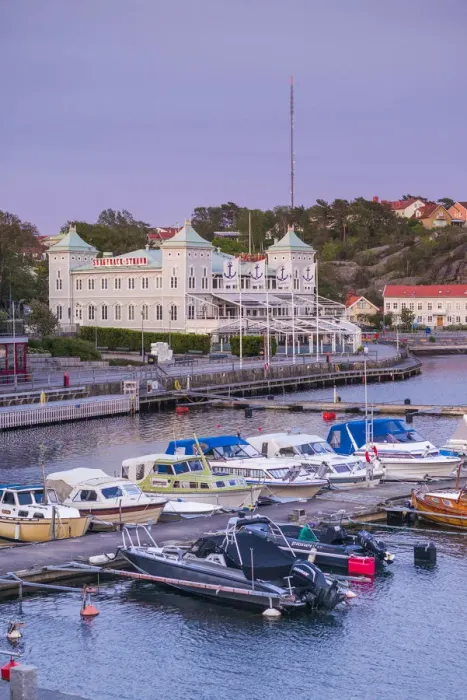 Framed Print : Sweden, Bohuslan, Stromstad, antique Skagerack-Strand resort hotel building, dusk