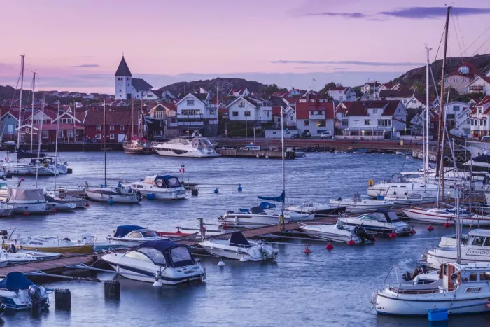 Framed Print : Sweden, Bohuslan, Tjorn Island, Skarhamn, town skyiine with Skarhamn church, dusk Framed Print : Sweden, Bohuslan, Tjorn Island, Skarhamn, town skyiine with Skarhamn church, dusk