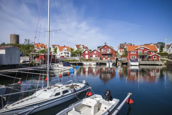 Framed Print : Sweden, Bohuslan, Tjorn Island, Kladesholmen, a view of the village and harbor Framed Print : Sweden, Bohuslan, Tjorn Island, Kladesholmen, a view of the village and harbor