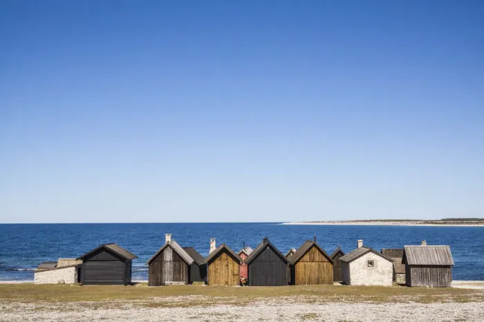 Framed Print : Sweden, Faro Island, Kursviken, coastal farmers fishing shacks Framed Print : Sweden, Faro Island, Kursviken, coastal farmers fishing shacks