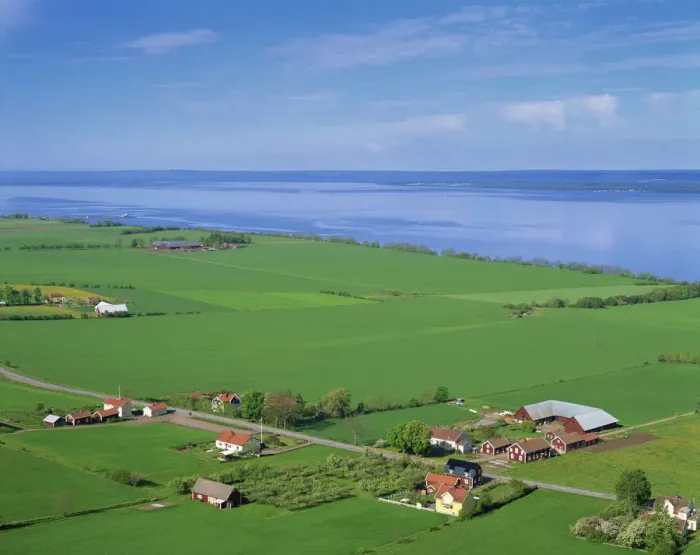 Framed Print : Sweden, Lake Vattern and Farmland Framed Print : Sweden, Lake Vattern and Farmland