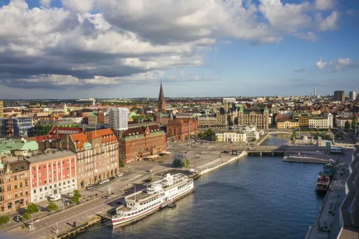 Framed Print : Sweden, Scania, Malmo, Inre Hamnen inner harbor, high angle view Framed Print : Sweden, Scania, Malmo, Inre Hamnen inner harbor, high angle view