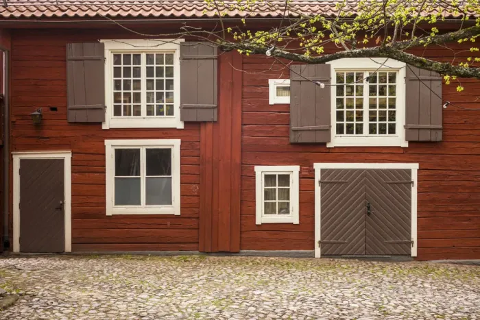 Framed Print : Sweden, Southeast Sweden, Eksjo, village wooden building detail Framed Print : Sweden, Southeast Sweden, Eksjo, village wooden building detail