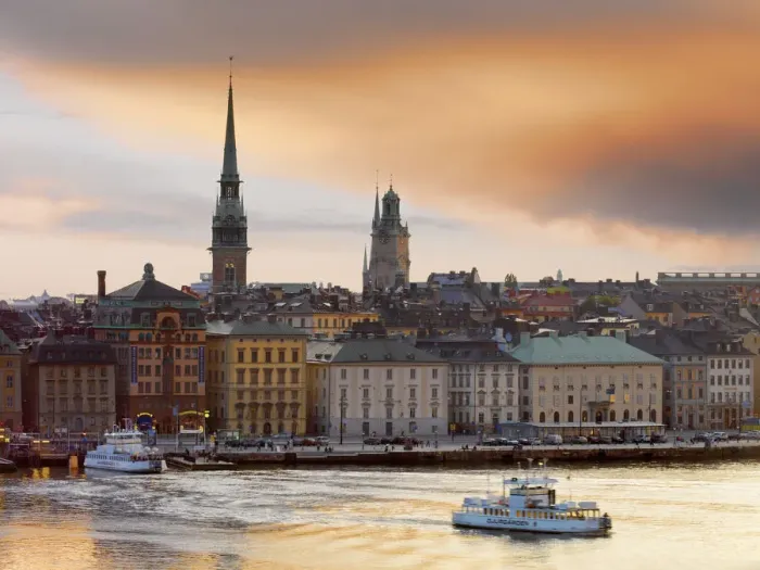 Framed Print : Sweden, Stockholm, Riddarfjarden, Gamla Stan; passenger ferries in bay at dusk Framed Print : Sweden, Stockholm, Riddarfjarden, Gamla Stan; passenger ferries in bay at dusk