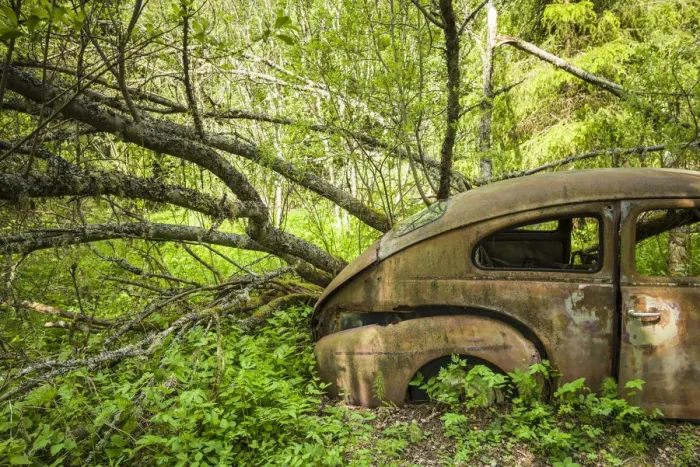 Framed Print : Sweden, Varmland, Bastnas, Bastnas Car Cemetery public park, antique car junkyard
