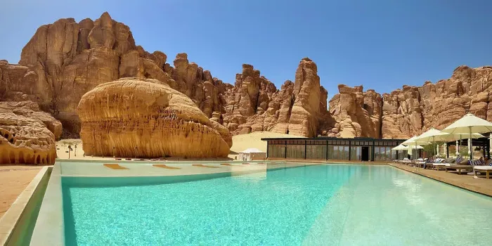 Framed Print : Swimming pool in the desert, Our Habitas AlUla resort, Ashar Valley, Al-Ula, Medina Province, Saudi Arabia