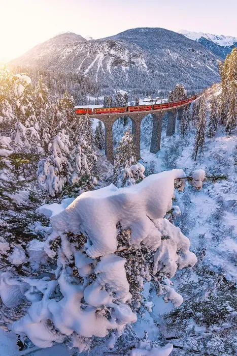 Framed Print : Swiss red train traveling across the frozen forest covered with snow after a blizzard at dawn, Graubunden canton, Switzerland Framed Print : Swiss red train traveling across the frozen forest covered with snow after a blizzard at dawn, Graubunden canton, Switzerland