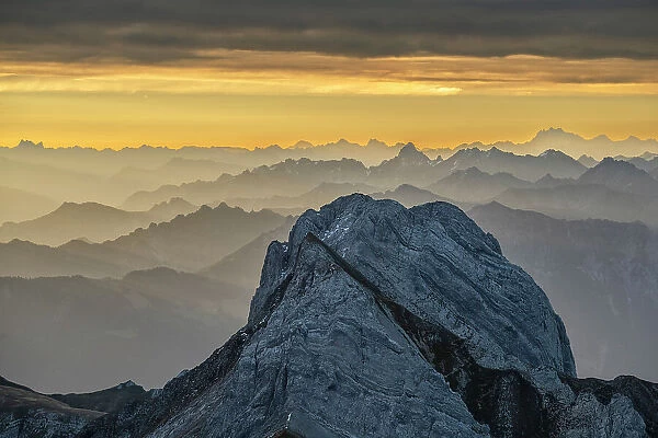 Switzerland, Appenzell, view from Mount Saentis to Glarus with Mount Altmann