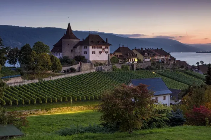 Framed Print : Switzerland, Berner Oberland, Erlach village, Erlach castle, Lake Biel Framed Print : Switzerland, Berner Oberland, Erlach village, Erlach castle, Lake Biel