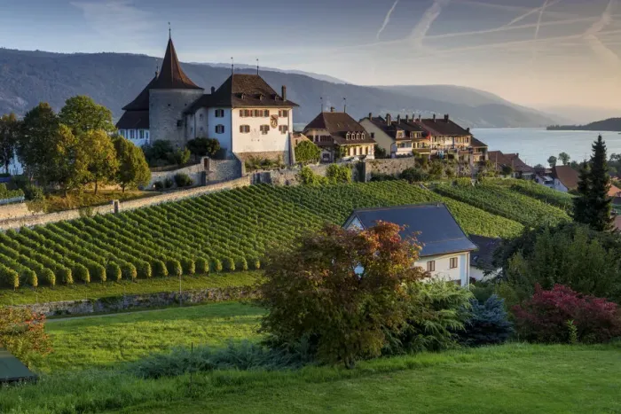 Framed Print : Switzerland, Berner Oberland, Erlach village, Erlach castle, Lake Biel Framed Print : Switzerland, Berner Oberland, Erlach village, Erlach castle, Lake Biel
