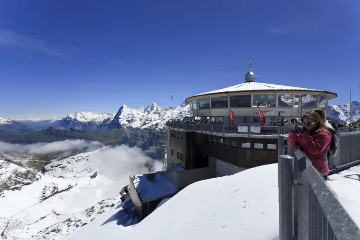 Framed Print : Switzerland, Bernese Oberland, restaurant on top of Mt Schilthorn
