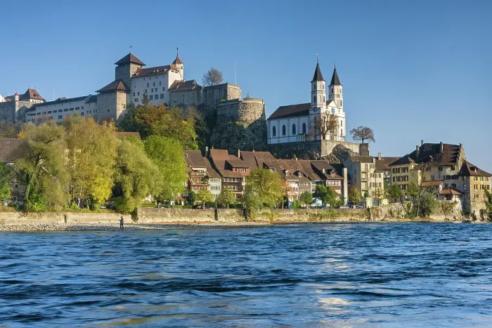 Framed Print : Switzerland, Canton of Aargau, castle, Aare River, town Framed Print : Switzerland, Canton of Aargau, castle, Aare River, town