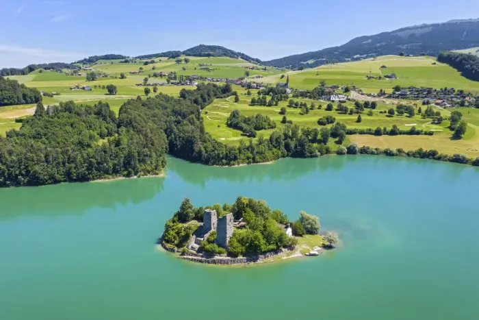 Framed Print : Switzerland, Canton of Fribourg, Ile d Ogoz island, Lake of Gruyere Framed Print : Switzerland, Canton of Fribourg, Ile d Ogoz island, Lake of Gruyere
