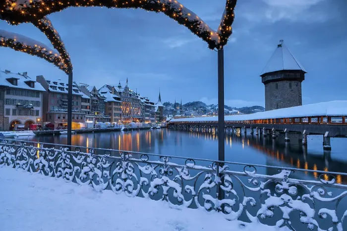 Framed Print : Switzerland, Canton Lucerne, Christmas lights, Chapel Bridge (Kapellbrucke) Framed Print : Switzerland, Canton Lucerne, Christmas lights, Chapel Bridge (Kapellbrucke)