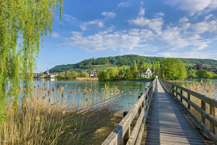 Framed Print : Switzerland, Canton of Thurgau, island, boardwalk, Rhine river, near Eschenz village