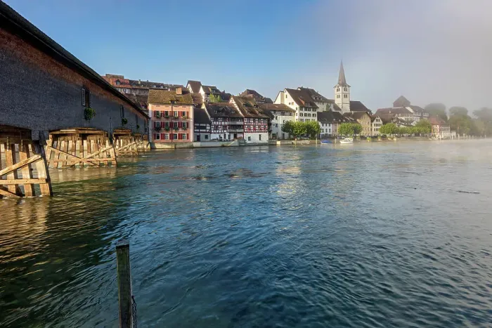 Framed Print : Switzerland, Canton of Thurgau, old town, wood bridge, Rhine river Framed Print : Switzerland, Canton of Thurgau, old town, wood bridge, Rhine river