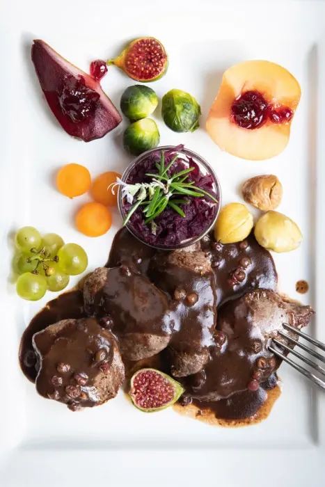 Framed Print : Switzerland, Canton of Valais, Saillon, Deer scaloppines with cranberries sauce Framed Print : Switzerland, Canton of Valais, Saillon, Deer scaloppines with cranberries sauce