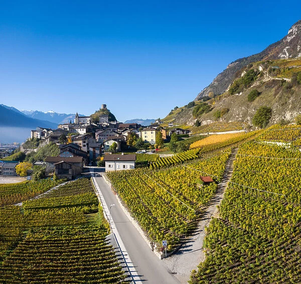 Switzerland, Canton of Valais, Saillon, Elevated view of Saillon