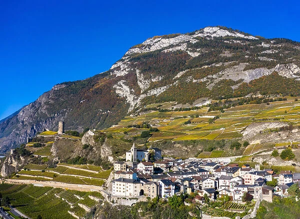 Switzerland, Canton of Valais, Saillon, Elevated view of Saillon