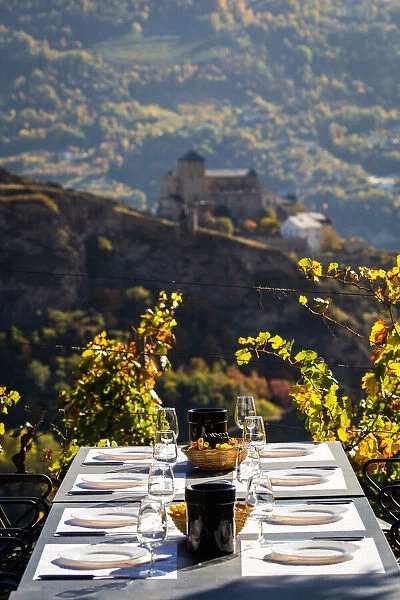 Switzerland, Canton of Valais, Sion, Table set for wine tasting on the Bisse de Clavau