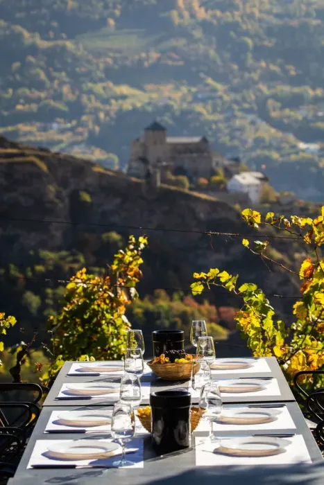 Framed Print : Switzerland, Canton of Valais, Sion, Table set for wine tasting on the Bisse de Clavau Framed Print : Switzerland, Canton of Valais, Sion, Table set for wine tasting on the Bisse de Clavau