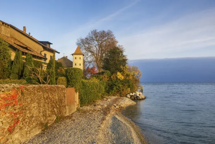 Framed Print : Switzerland, Canton of Vaud, Lake Geneva, St-Prex village Framed Print : Switzerland, Canton of Vaud, Lake Geneva, St-Prex village