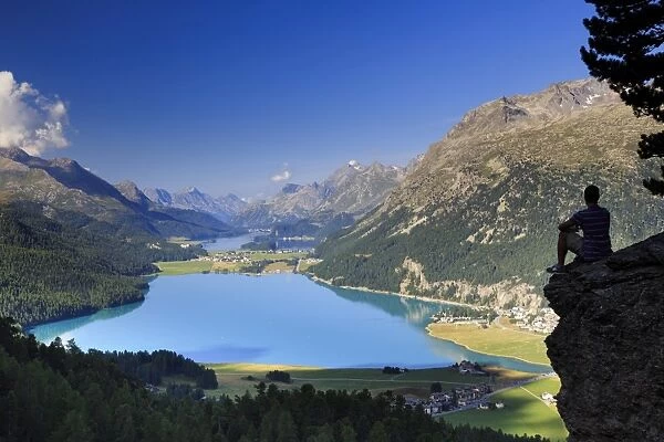 Switzerland, Graubunden, Upper Engadine, St. Moritz, elevated view of the valley and lakes
