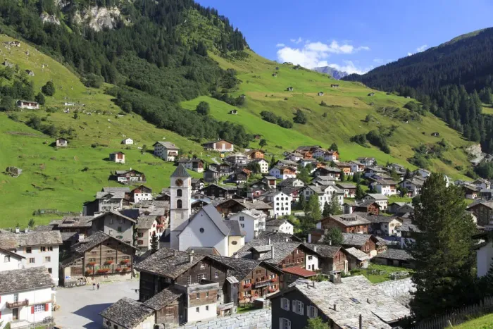 Framed Print : Switzerland, Graubunden, Vals, Town Center