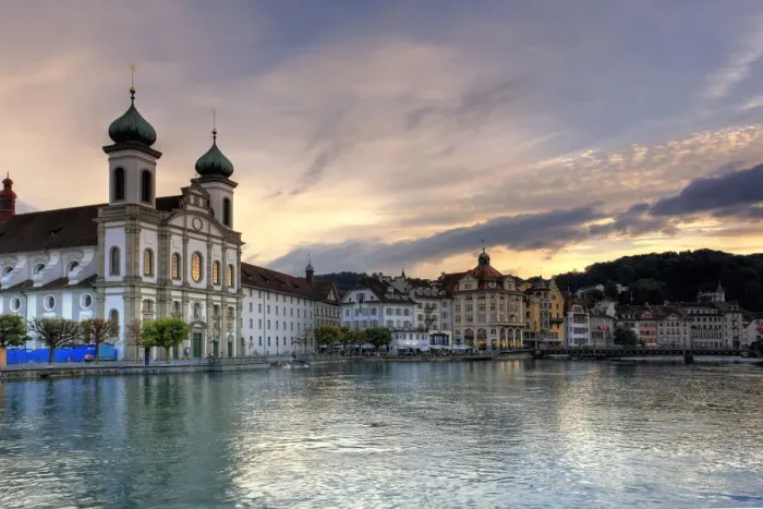 Framed Print : Switzerland, Lucern (Luzern), Jesuit Church and River Reuss Framed Print : Switzerland, Lucern (Luzern), Jesuit Church and River Reuss