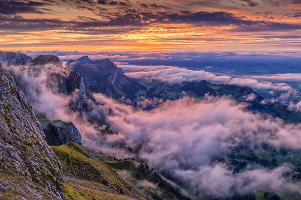 Switzerland, Lucerne, Mount Pilatus, sunset and clouds