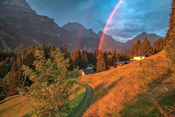 Switzerland, St. Gallen, Grabs, Rainbow over Leverschwendi