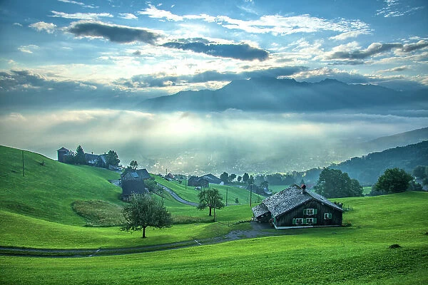 Switzerland, St. Gallen, Grabs, sunrise with view to Lichtenstein and Rhine valley