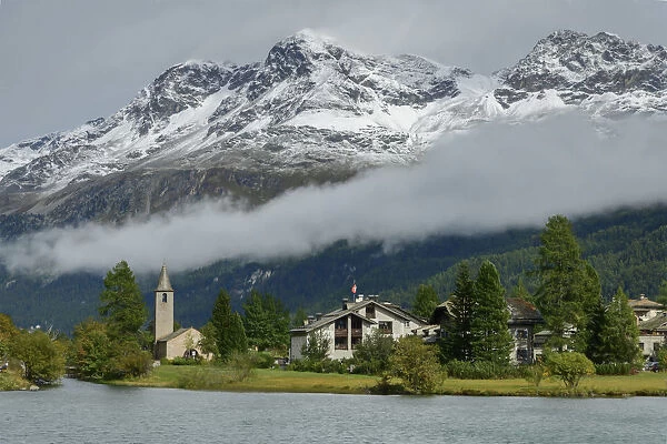 Switzerland, Swiss Alps, Graubuenden, Engadine, Sils Segl, with church San Lurench
