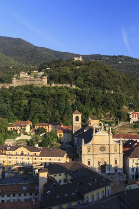 Framed Print : Switzerland, Ticino, Bellinzona, view of town from Castelgrande ramparts Framed Print : Switzerland, Ticino, Bellinzona, view of town from Castelgrande ramparts