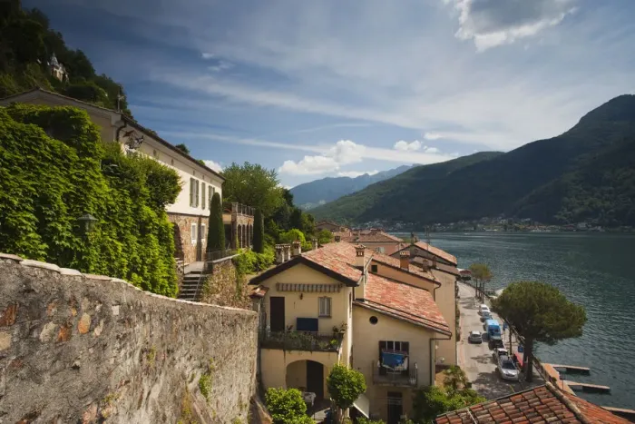 Framed Print : Switzerland, Ticino, Lake Lugano, Morcote, high angle town view Framed Print : Switzerland, Ticino, Lake Lugano, Morcote, high angle town view