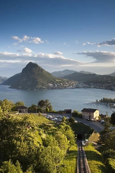 Switzerland, Ticino, Lake Lugano, Lugano, town view and Monte San Salvador from Monte Bre
