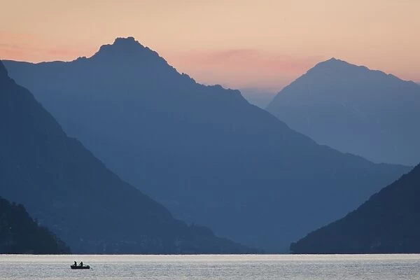Switzerland, Ticino, Lake Lugano, Lugano, dawn view of the Alps