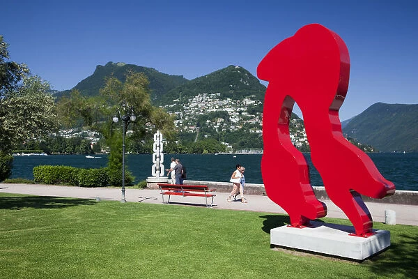 Switzerland, Ticino, Lake Lugano, Lugano, lakefront art by Riva Caccia