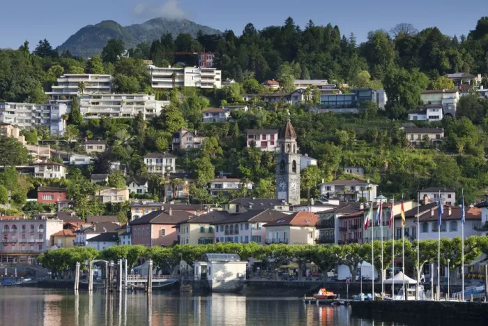 Framed Print : Switzerland, Ticino, Lake Maggiore, Ascona, town view morning Framed Print : Switzerland, Ticino, Lake Maggiore, Ascona, town view morning