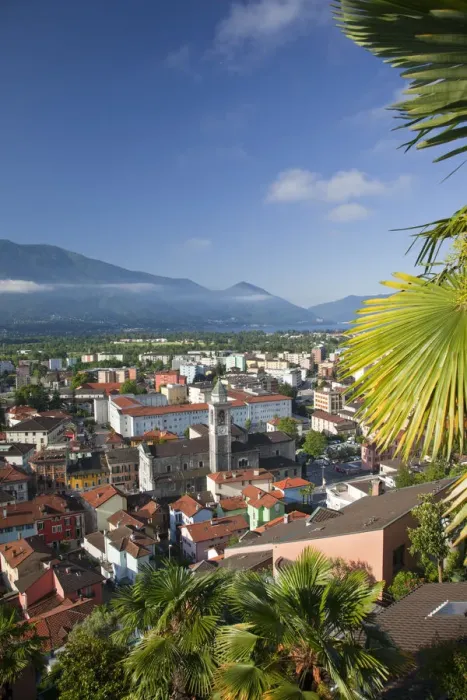 Framed Print : Switzerland, Ticino, Lake Maggiore, Locarno, high angle town view, morning