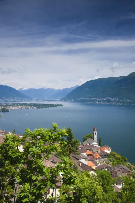 Framed Print : Switzerland, Ticino, Lake Maggiore, Ronco, town church and lake Framed Print : Switzerland, Ticino, Lake Maggiore, Ronco, town church and lake